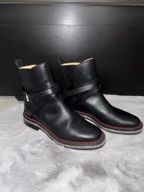Christian Louboutin Black Leather Ankle Boots with Silver Chains and Red Trim